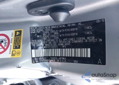 2015 Toyota Highlander Xle V6 z USA, uszkodzony, nr VIN 5TDJKRFH7FS207572